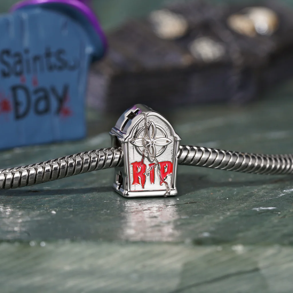 Gnoce Cracked RIP Tombstone Glow-in-the-Dark Charm Platinum-plated Silver Blend - Image 4