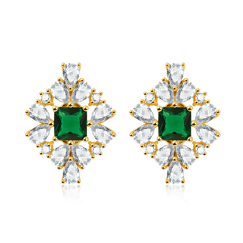 Romantic Light Earrings Copper Inlaid with Green and Clear Gemstones