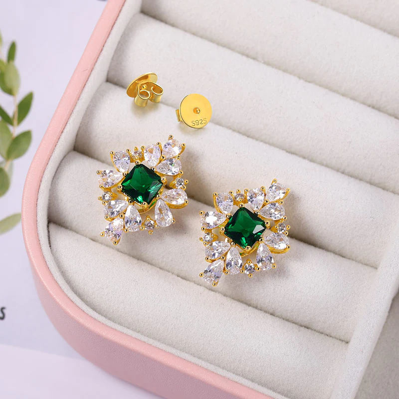 Romantic Light Earrings Copper Inlaid with Green and Clear Gemstones - Image 2