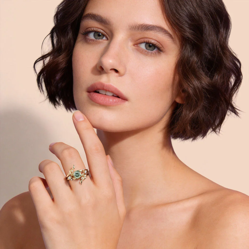 Gnoce Nature-Inspired Leaf & Floral Round-Cut Engagement Ring Set - Image 3