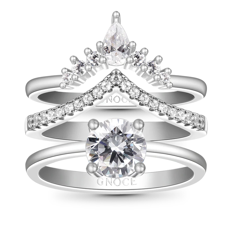 Gnoce Classic Sparkle Round-cut Stackable Ring Set Platinum-plated Silver Blend