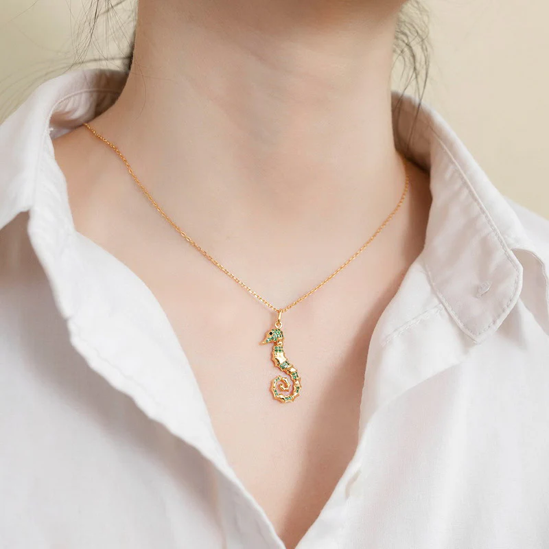 Seahorse Necklace Inlaid with Shiny Spinels Gold Plated Sterling Silver Ocean Collection - Image 4