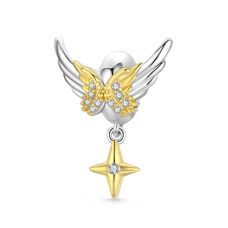 Shiny Angel Wings Stopper for Charm Bracelets 925 Sterling Silver 18K Gold Plated Inliad with Clear Gemstones