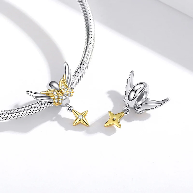 Shiny Angel Wings Stopper for Charm Bracelets 925 Sterling Silver 18K Gold Plated Inliad with Clear Gemstones - Image 2
