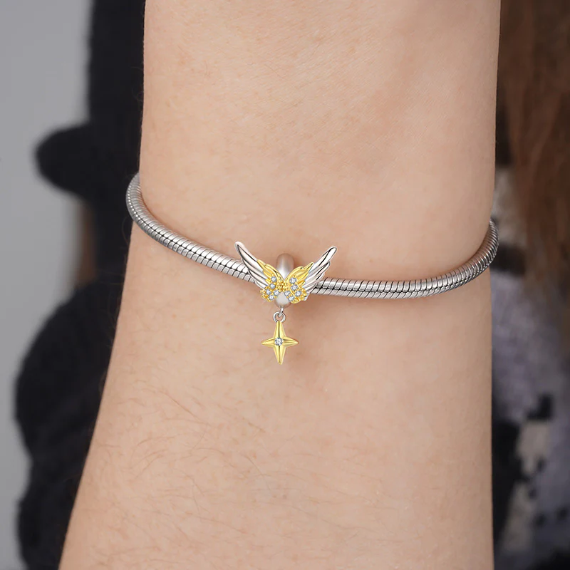Shiny Angel Wings Stopper for Charm Bracelets 925 Sterling Silver 18K Gold Plated Inliad with Clear Gemstones - Image 3
