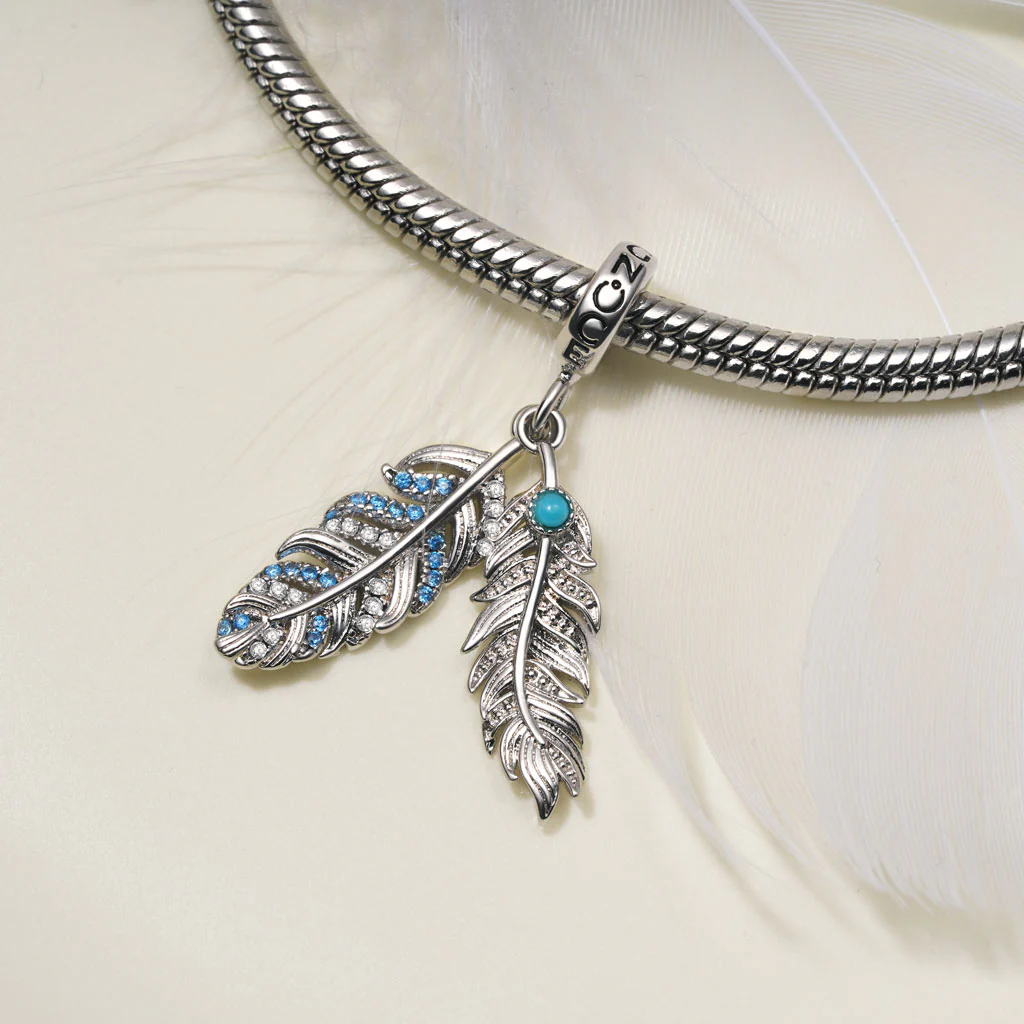 Gnoce Silver Feather Turquoise Charm Platinum-plated Silver Blend - Image 3