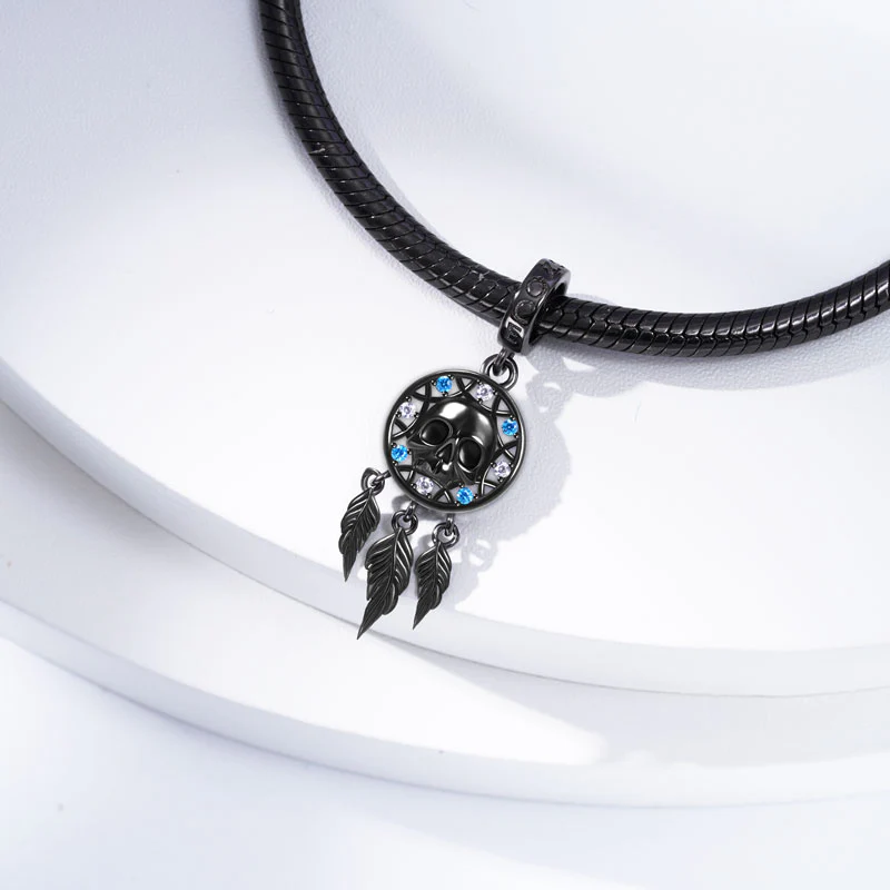 Skull Dreamcatcher Pendant Dangle Charm 925 Sterling Silver Black Plated Inlaid with CZ Stones - Image 3