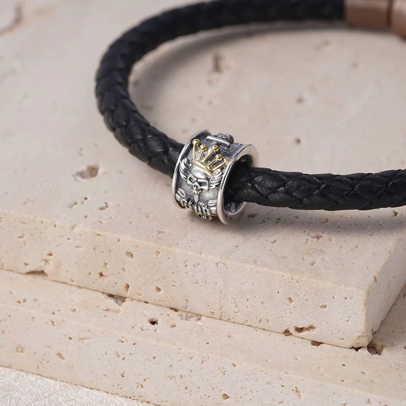 Skull King with Crown plated with 18K Gold Charm Vintage Bead S925 Sterling Silver Jewelry for Men - Image 2