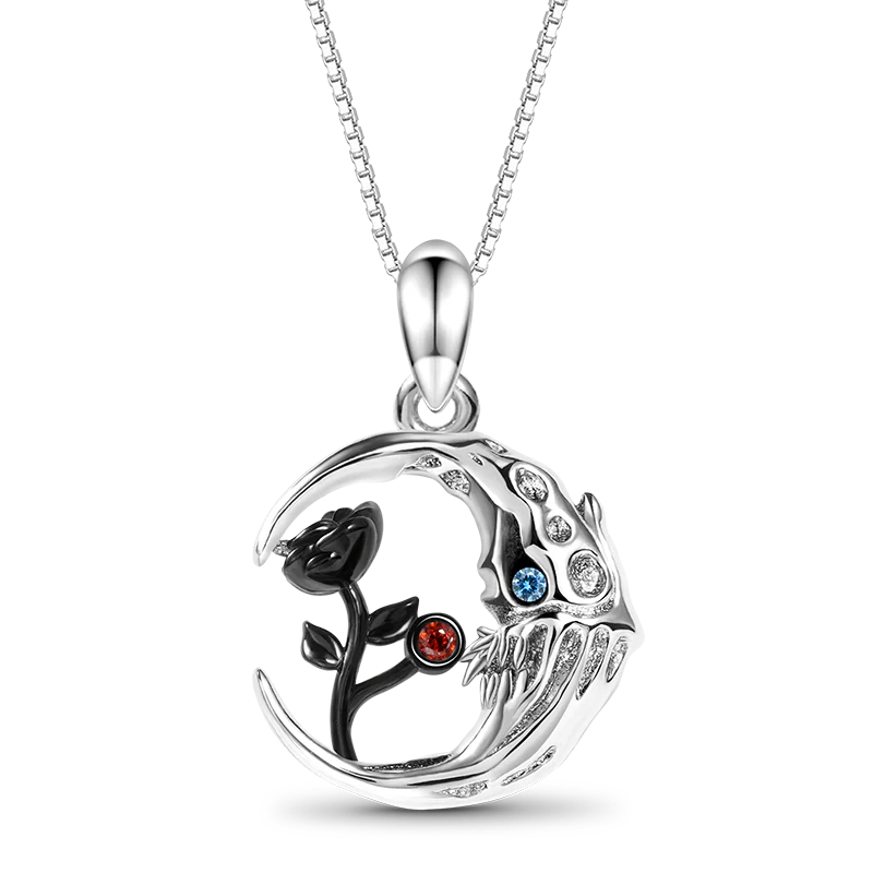 Gnoce Skull Moon with Rose Flower Necklace Platinum-plated Silver Blend