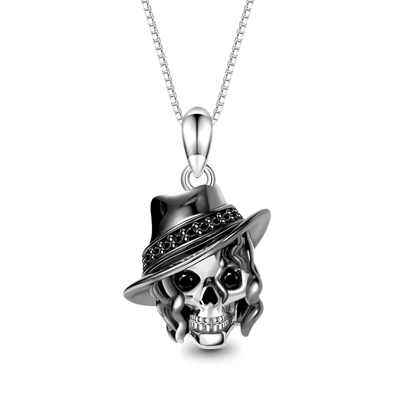 Gnoce Curly Hair Skull with Hat Necklace Platinum-plated Silver Blend