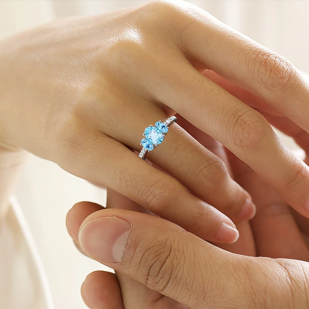 Gnoce Sky Blue Three-Stone Engagement Ring Platinum-plated Silver Blend - Image 5