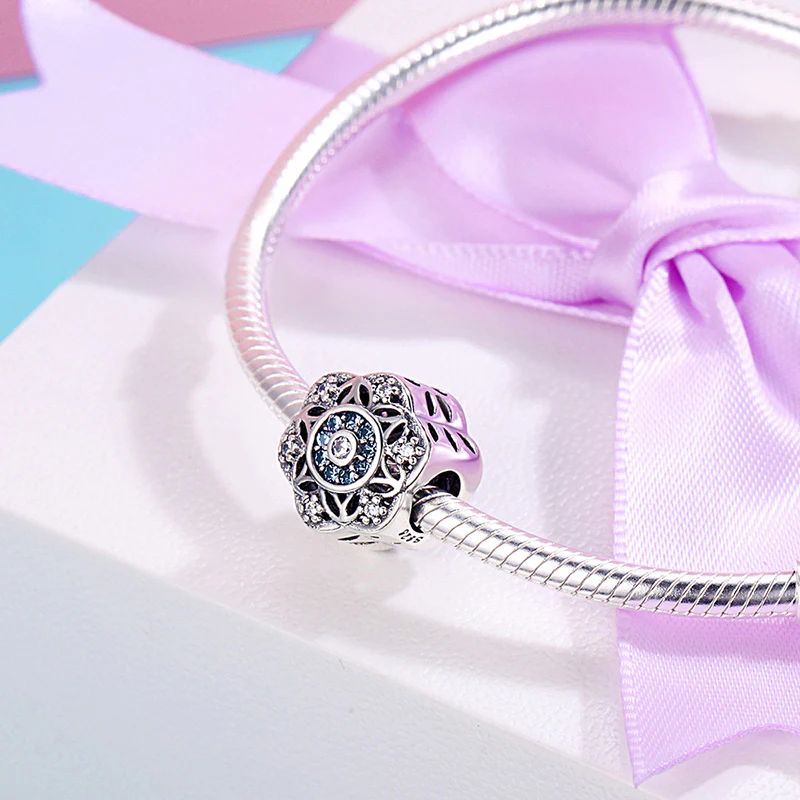 Romantic Snowflakes Charm Bead 925 Sterling Silver Inlaid with Sky Blue Zircon Stones - Image 2