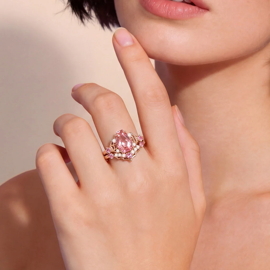 Gnoce Gothic Spider Web Coffin Pink Engagement Ring Set - Image 2