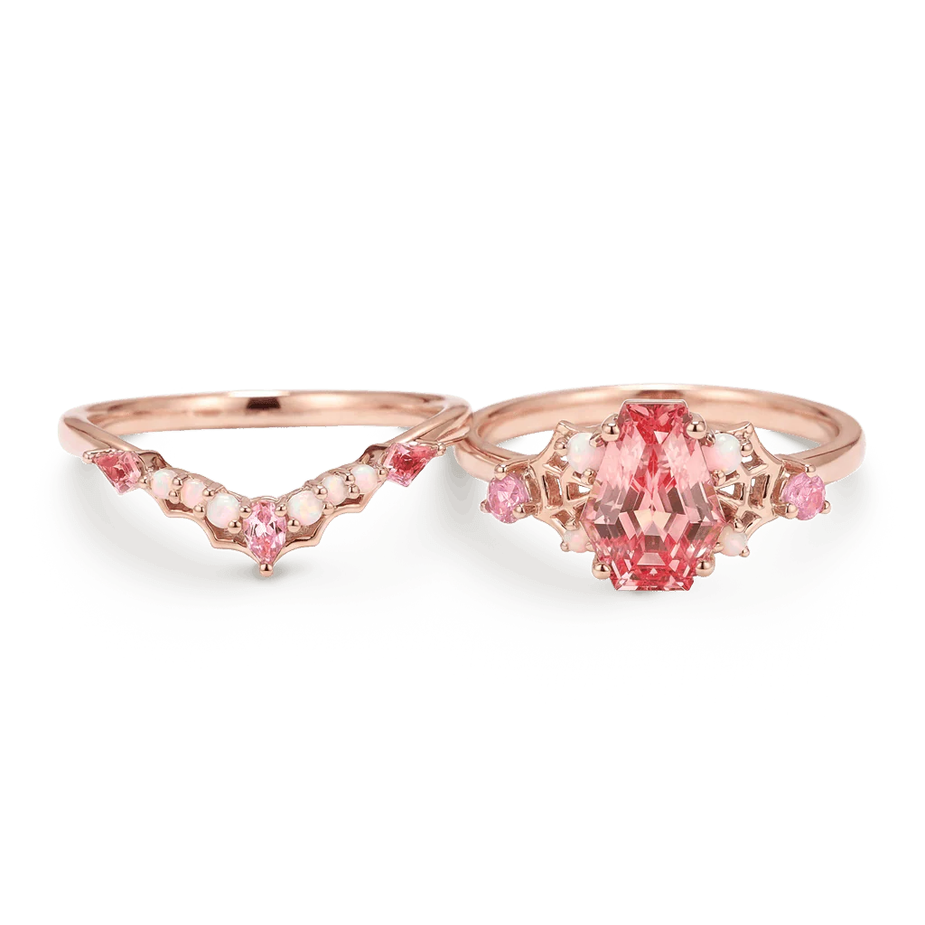 Gnoce Gothic Spider Web Coffin Pink Engagement Ring Set - Image 4