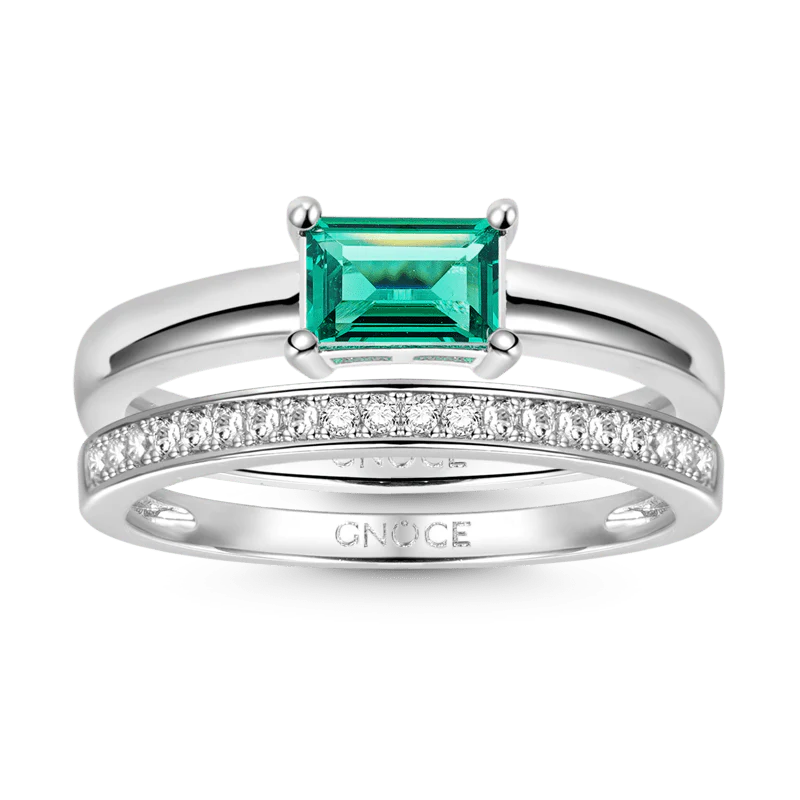 Gnoce Green Rectangle-cut Shimmering Stackable Ring Set Platinum-plated Silver Blend