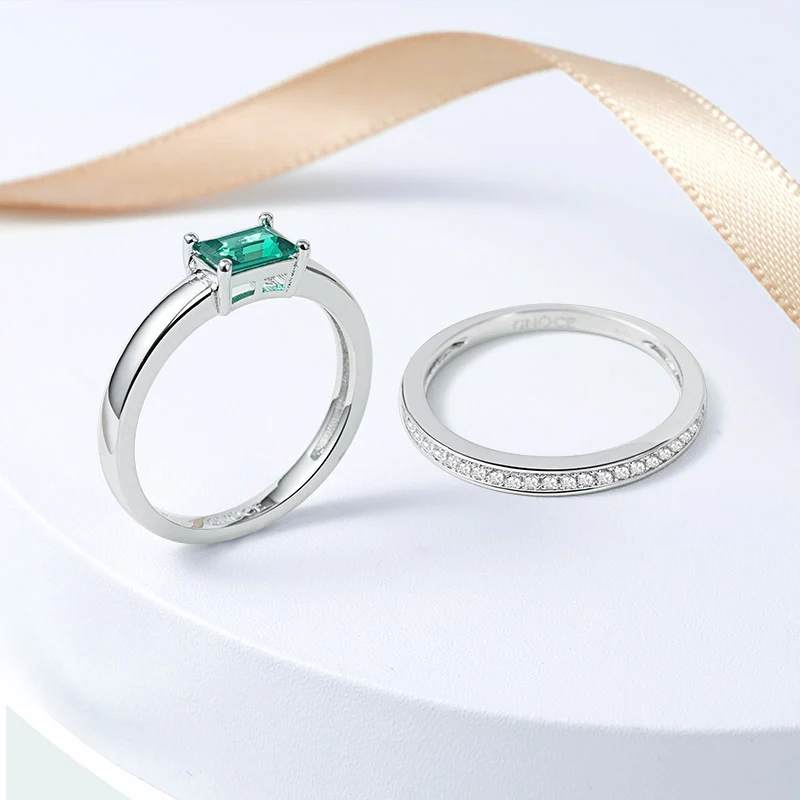 Gnoce Green Rectangle-cut Shimmering Stackable Ring Set Platinum-plated Silver Blend - Image 4