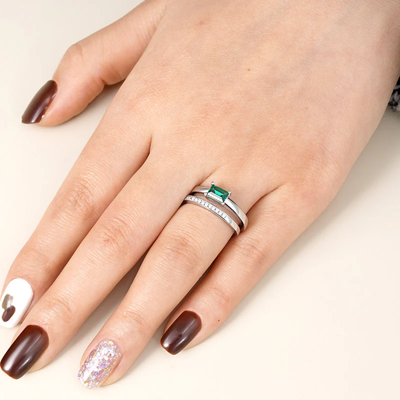 Gnoce Green Rectangle-cut Shimmering Stackable Ring Set Platinum-plated Silver Blend - Image 5
