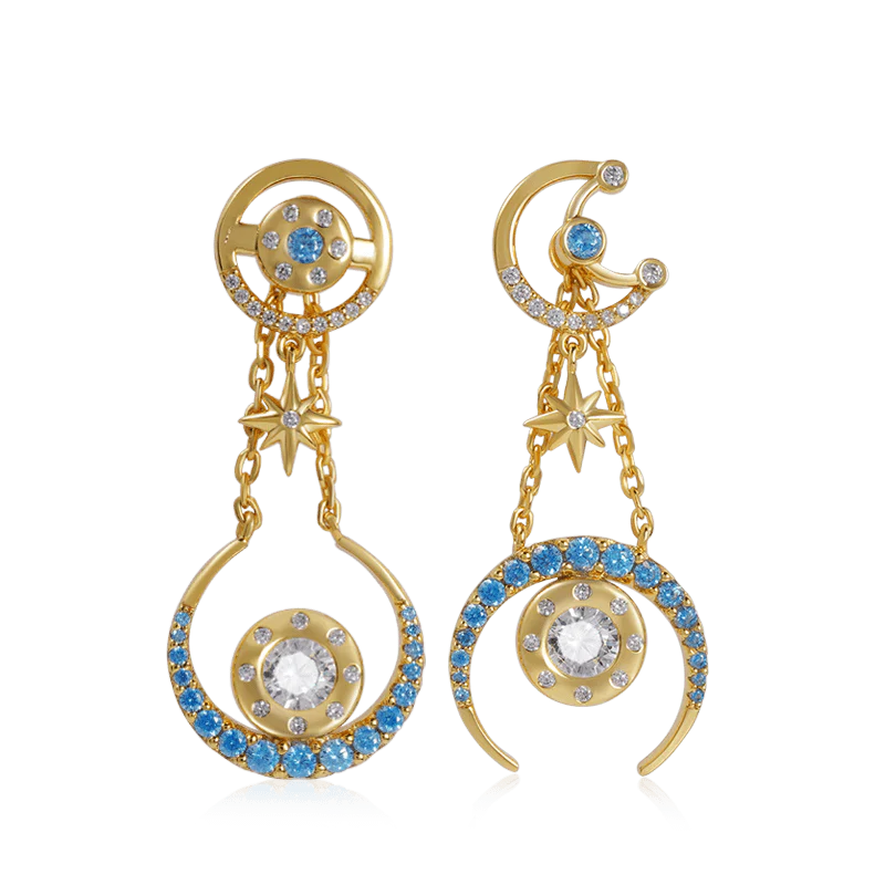 Gnoce Star Moon Asymmetrical Dangle Earrings Platinum-plated Silver Blend