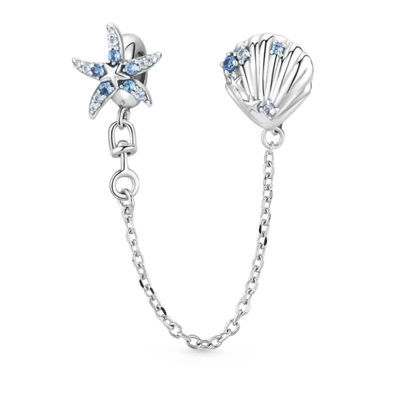 Sparkling Starfish & Shell Safety Chain 925 Sterling Silver Inlaid with Clear and Blue CZ Stones