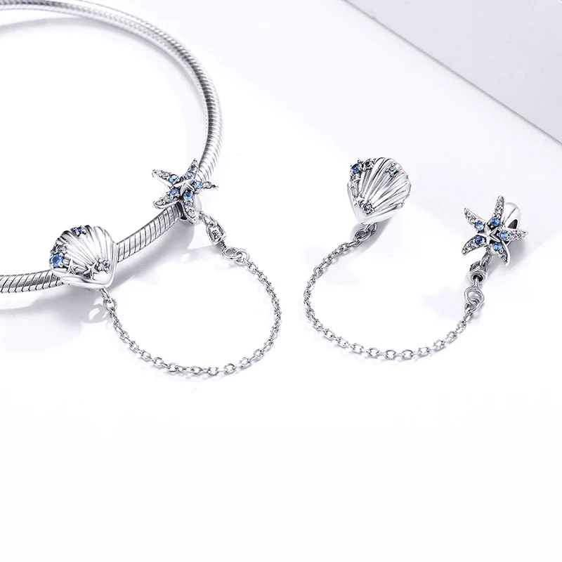 Sparkling Starfish & Shell Safety Chain 925 Sterling Silver Inlaid with Clear and Blue CZ Stones - Image 2