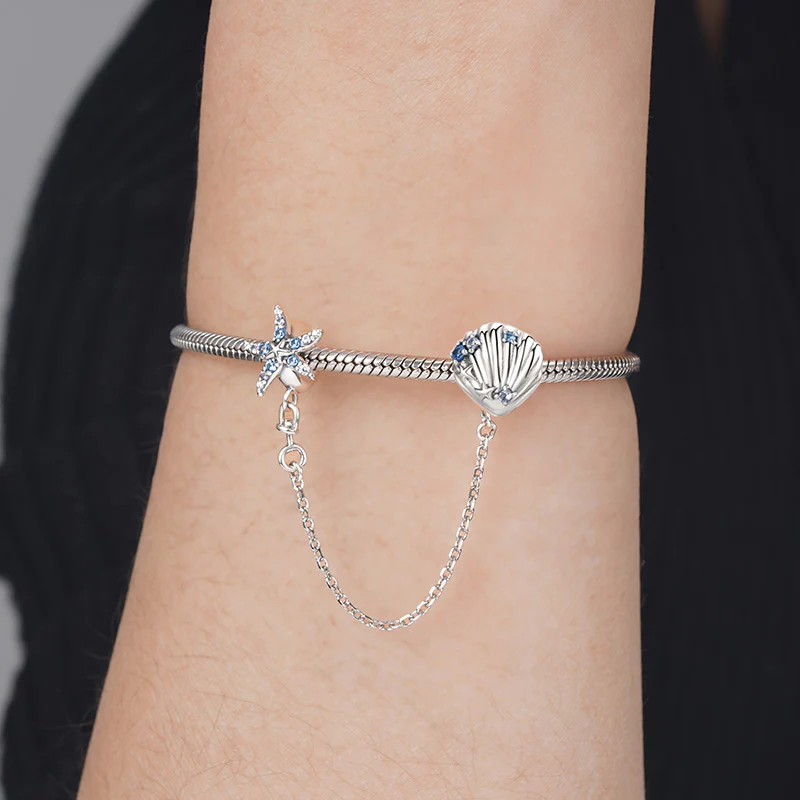 Sparkling Starfish & Shell Safety Chain 925 Sterling Silver Inlaid with Clear and Blue CZ Stones - Image 3