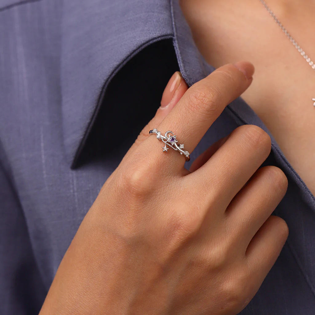 Gnoce Starry Blue Sparkling Moon Wave Ring Platinum-plated Silver Blend - Image 4