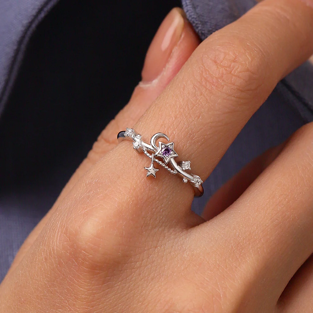 Gnoce Starry Blue Sparkling Moon Wave Ring Platinum-plated Silver Blend - Image 5