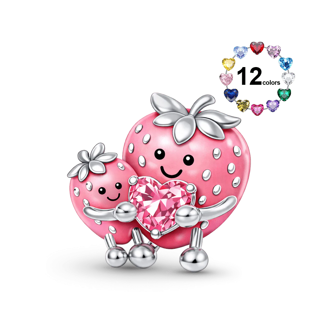Gnoce Strawberry Mom Embrace Baby Birthstone Charm Platinum-plated Silver Blend
