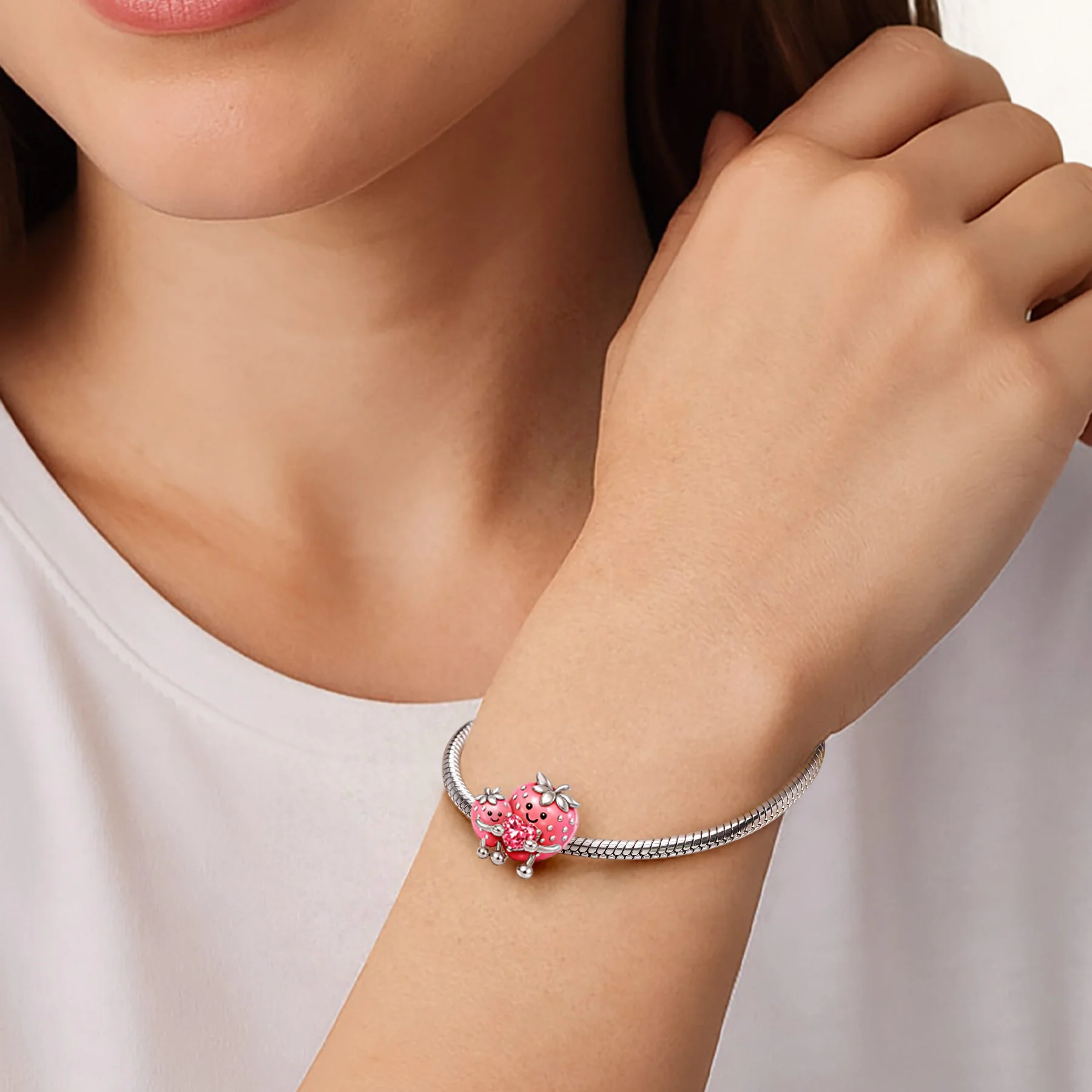Gnoce Strawberry Mom Embrace Baby Birthstone Charm Platinum-plated Silver Blend - Image 2