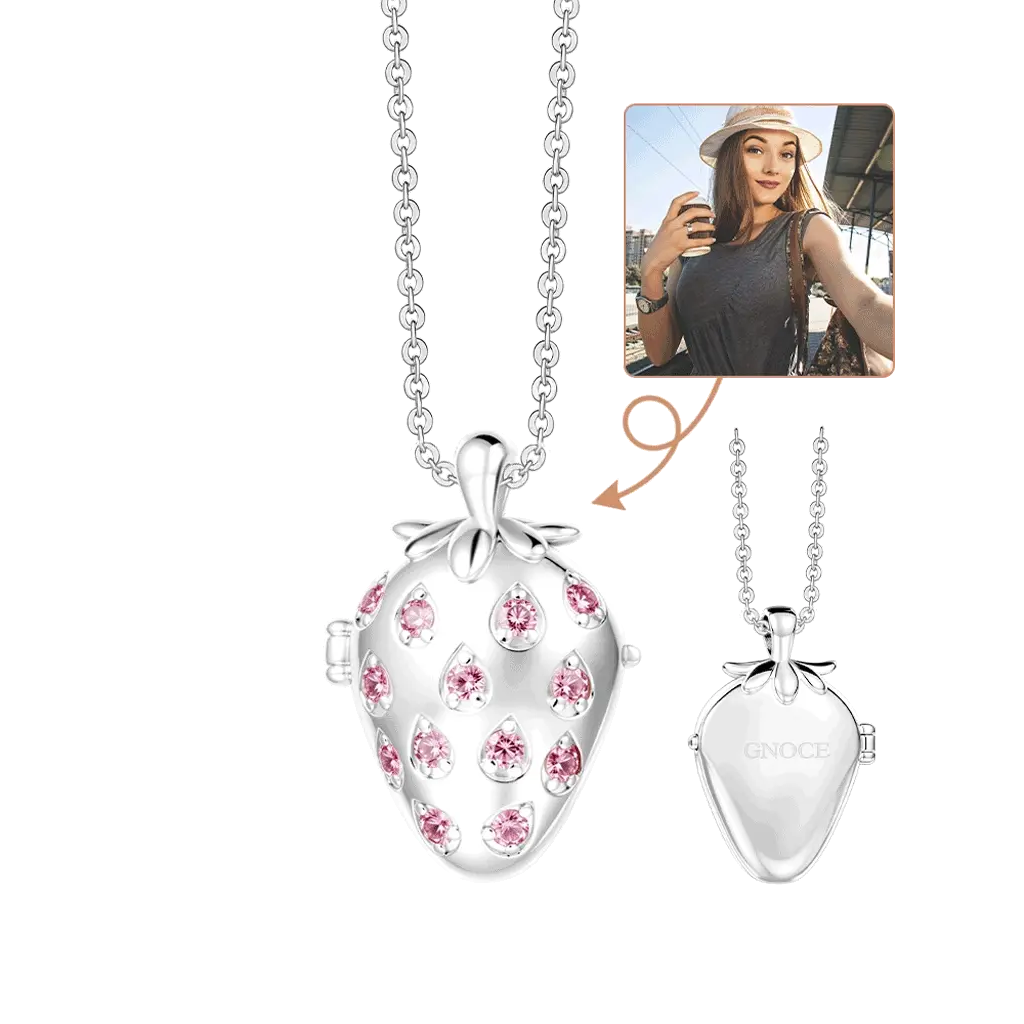 Gnoce Custom Strawberry Photo Locket Necklace with Birthstone & Personalized Inscription