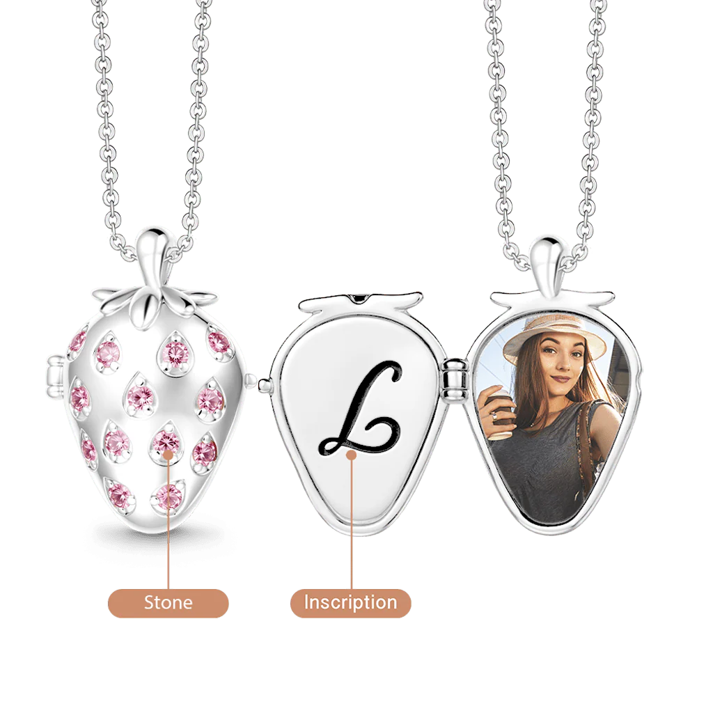 Gnoce Custom Strawberry Photo Locket Necklace with Birthstone & Personalized Inscription - Image 2