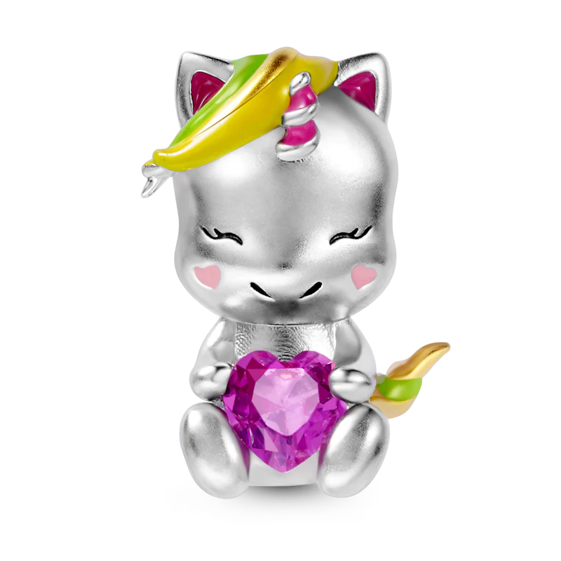 Gnoce Sweet Unicorn Embraces Heart Gemstone Charm Platinum-plated Silver Blend
