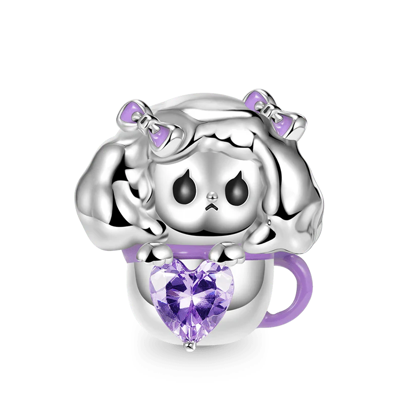 Gnoce Teacup Dog Embraces Heart Gemstone Charm Platinum-plated Silver Blend