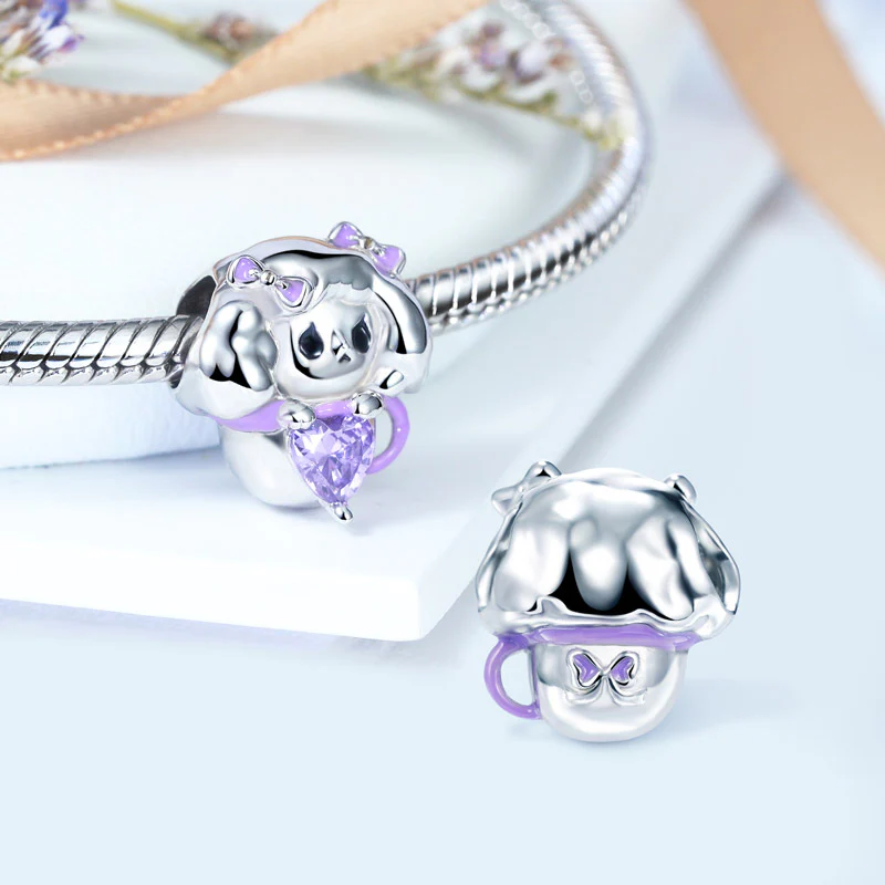 Gnoce Teacup Dog Embraces Heart Gemstone Charm Platinum-plated Silver Blend - Image 2