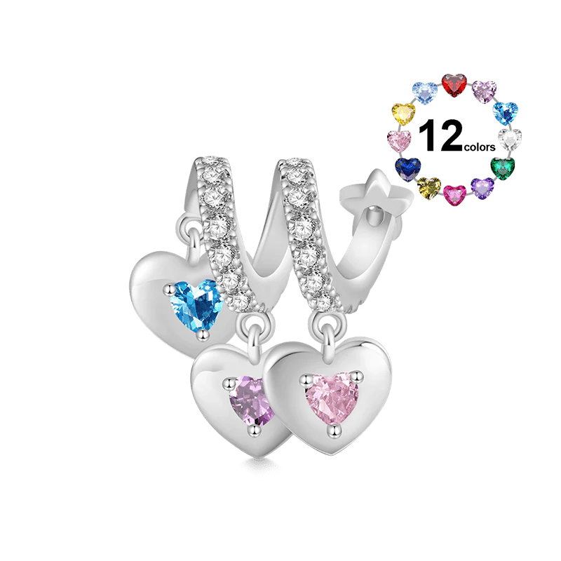 Gnoce Engravable Three Hearts Family Birthstone Charm Platinum-plated Silver Blend