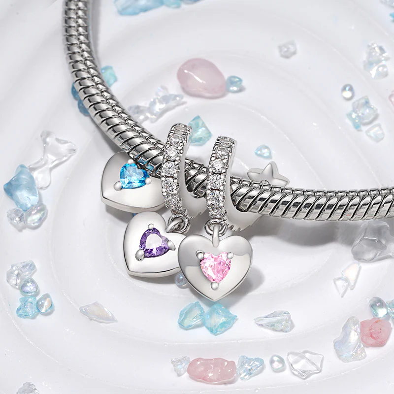 Gnoce Engravable Three Hearts Family Birthstone Charm Platinum-plated Silver Blend - Image 5