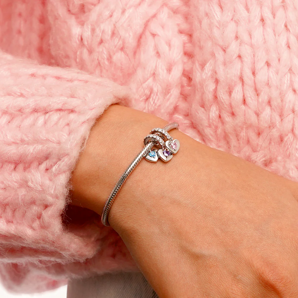 Gnoce Engravable Three Hearts Family Birthstone Charm Platinum-plated Silver Blend - Image 7