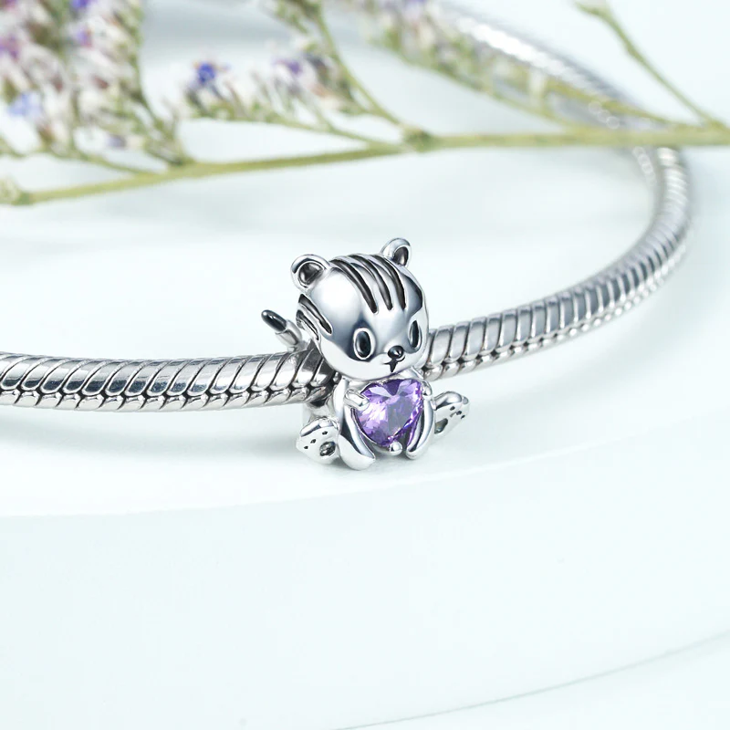 Tiger Embraces Heart Gemstone Charm Bead 925 Sterling Silver - Image 2