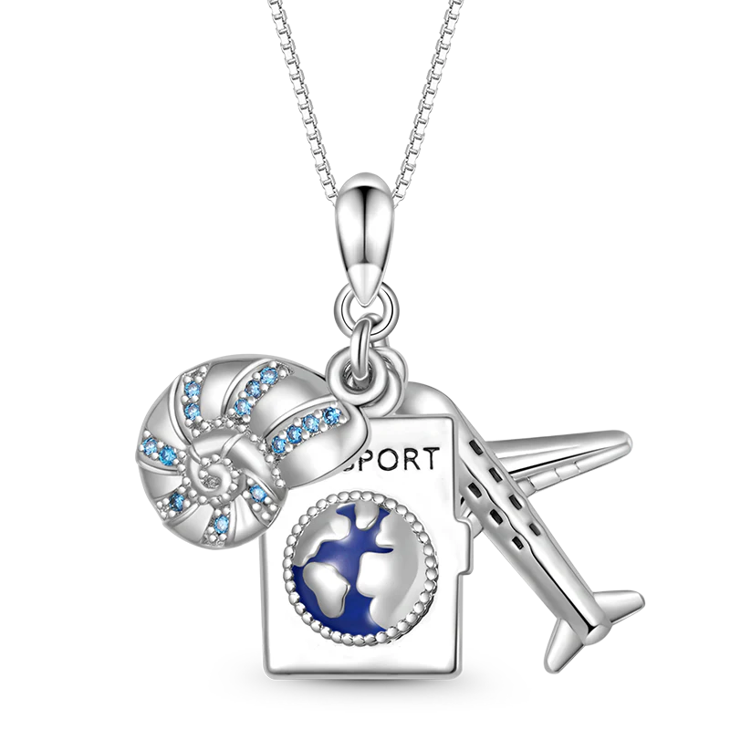 Gnoce Airplane, Passport & Conch Triple Necklace Platinum-plated Silver Blend