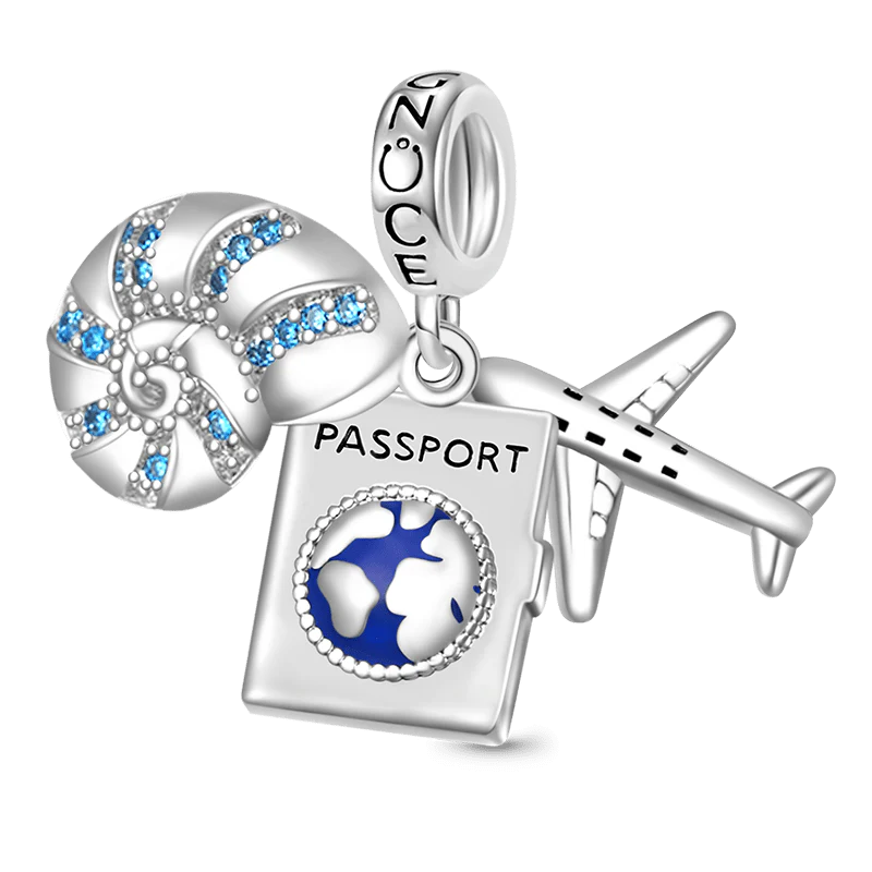 Gnoce Airplane, Passport & Conch Triple Charm Platinum-plated Silver Blend