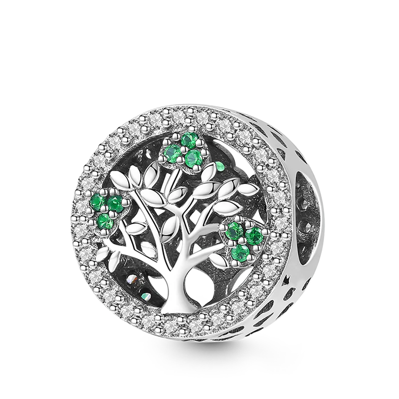 Tree of Life Charm Bead 925 Sterling Silver Inlaid with Green and Clear Gemstones