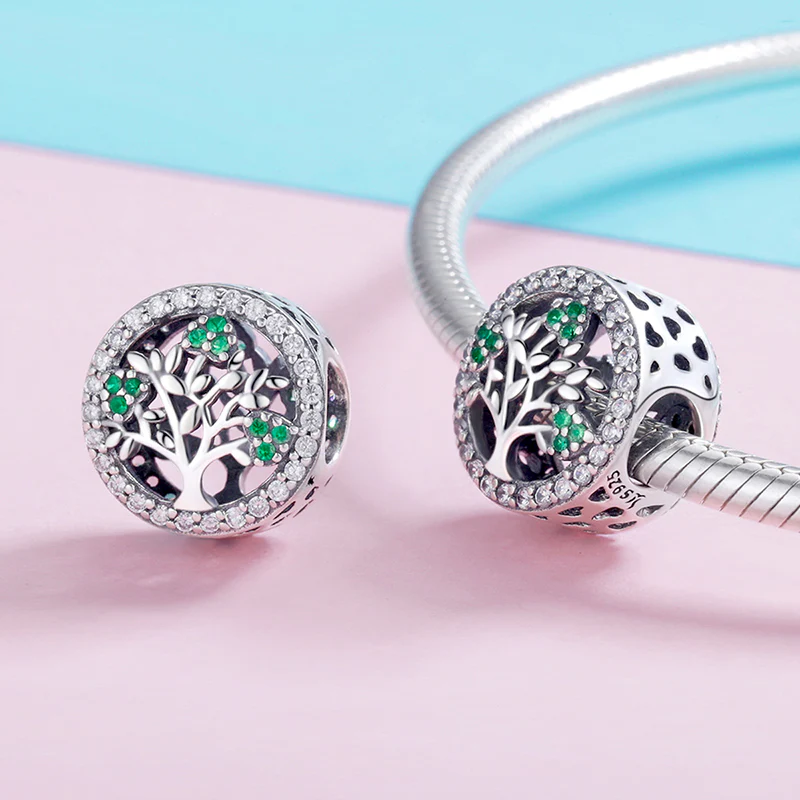 Tree of Life Charm Bead 925 Sterling Silver Inlaid with Green and Clear Gemstones - Image 2