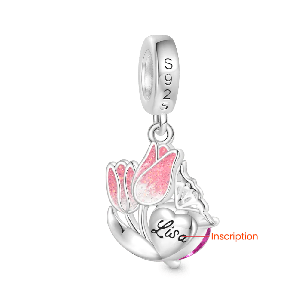 Gnoce Tulips Engravable Heart Charm Platinum-plated Silver Blend - Image 2