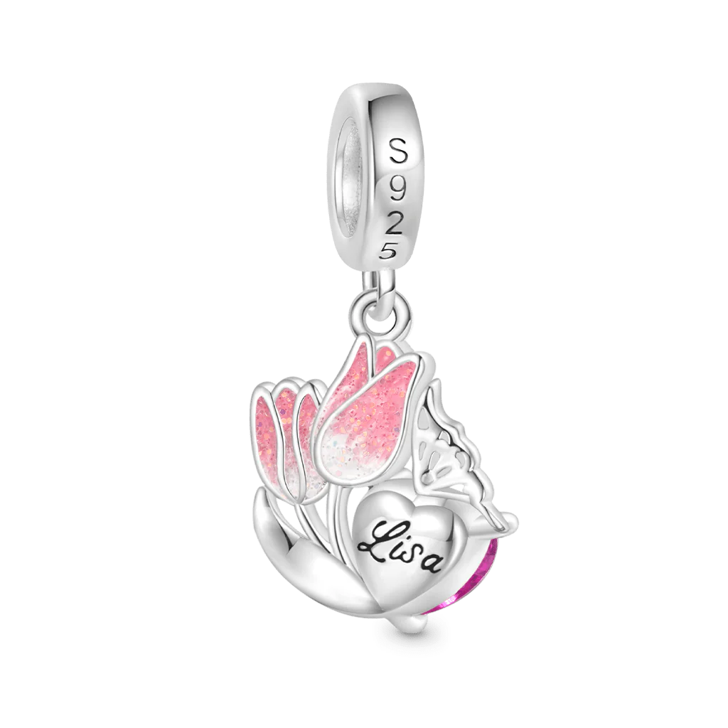 Gnoce Tulips Engravable Heart Charm Platinum-plated Silver Blend - Image 3