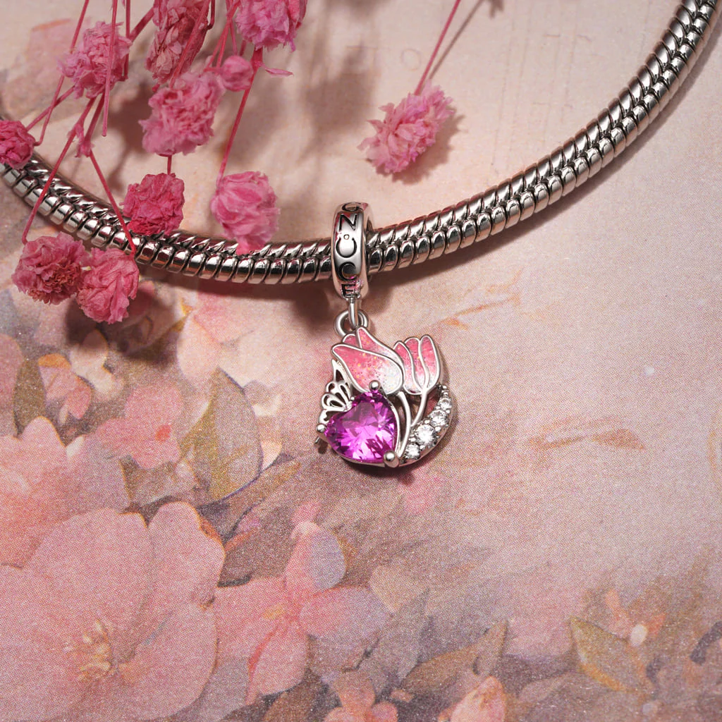 Gnoce Tulips Engravable Heart Charm Platinum-plated Silver Blend - Image 4