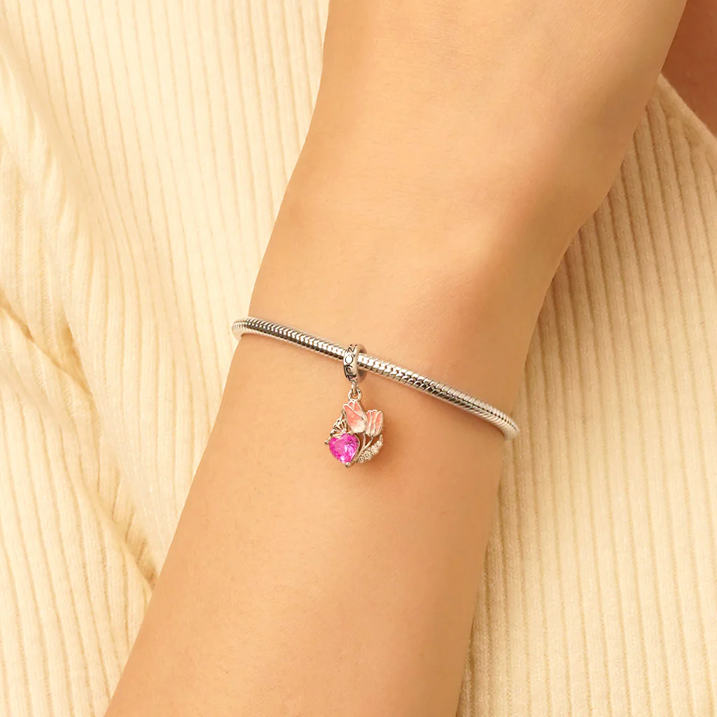 Gnoce Tulips Engravable Heart Charm Platinum-plated Silver Blend - Image 7