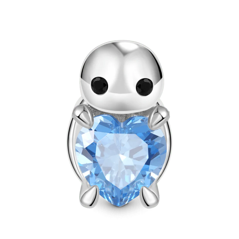 Cute Turtle Embraces Heart Gemstone Charm Bead 925 Sterling Silver Back Inlaid with Blue Gems