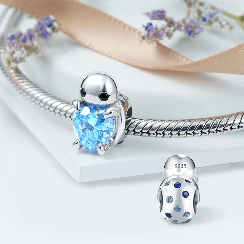Cute Turtle Embraces Heart Gemstone Charm Bead 925 Sterling Silver Back Inlaid with Blue Gems - Image 2