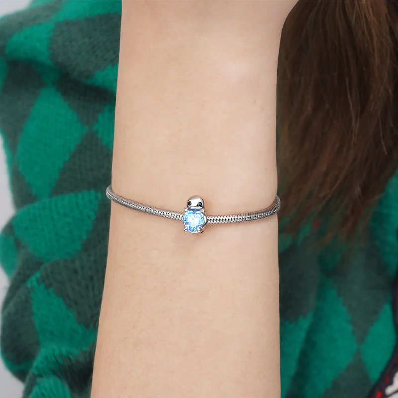 Cute Turtle Embraces Heart Gemstone Charm Bead 925 Sterling Silver Back Inlaid with Blue Gems - Image 3