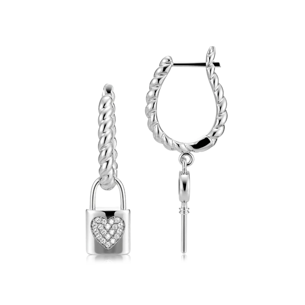 Gnoce Asymmetrical Lock Key Twisted Rope Earrings Platinum-plated Silver Blend